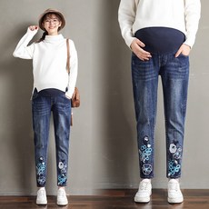 ANGEL 마미 가을옷 스타일리쉬 하이웨스트 자수 데님 일자 통 핏아우터 산전바지 여성