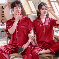 커플잠옷 여름시즌 커플용품 잠옷 아이스실크 짧은소매 긴바지 결혼 경사 신혼 여성신부 홈웨어 세트포장 가을