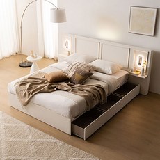 라자가구 윈디 LED 침대 프레임 Q + 협탁 2 + 본넬매트, 일반형, 오크