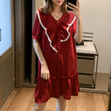 올데이퀸 여자 데일리 여름 패션 러플 블라우스 오버사이즈 반팔 상의 여 쉬폰 MM 원피스 속살감 브이