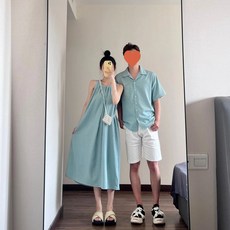 커플여름 비치웨어 휴양지 신혼 부부 커플룩 단색 심플 홀터넥 셔링 롱원피스 드레스+반팔 셔츠