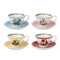 PORTmeIRION 波特玫琳恩 花朵圖案咖啡杯 4款+杯盤 4件組 HMA, 繡球花+曼陀羅+向日葵+罌粟花, 1組