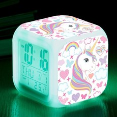 유니콘 큐브 디지털 알람 탁상 시계 LCD 디스플레이 LED 7색상 라이트 어린이 선물, 유니콘알람시계G SE02844