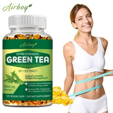 Airboy Extra Strength 녹차 추출물 20:1 6000mg 강도 50% EGCG 98% 폴리페놀 및 80% 카테킨 표준화 및 농축 20x 효능 비 GMO, 1박스, 60정