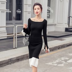 랩니트원피스 뜨개질원피스 저지원피스 오픈숄더 드레스 평소 섹시 트임 절개 슬릿 긴 소매 여성