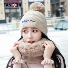 Fangchi 팡 치 모직 모자 녀 귀 요 미 겨울 한국 판 기모 배색 니 트 여학생 렌 드 보온 모 아웃 도 어 두 꺼 운 후드 MXM - 493 카 멜 * 핫 세트 [모자 + 목도리]