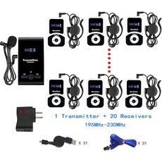 EXMAX ATG 100T 195 230MHz 무선 투어 가이드 마이크로폰 통역기 시스템 번역 장치 교회 투어 여행 1 송신기 20 수신기 동시 통역, 상세페이지 참조