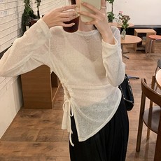 루비루 RB3068 매쉬 시스루 언발 트임 스트링 얇은 니트, 아이보리