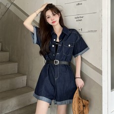 데님 점프수트 withyourday 진청 데님 반바지 점프수트+벨트