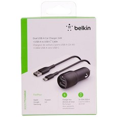 벨킨 Belkin BoostCharge USB 타입 A 2 포트 24W 자동차 충전기 어댑터 12W 고속 충전 2개 C to 브레이드 케이블 포함, Charger, Includes mUSB Cable