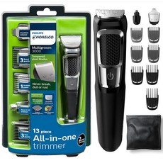 Philips 노렐코 멀티그루머 올인원 트리머 13종 키트 시리즈 3000 수염 코털 귀털 정리용 (MG3750/60), 블랙/실버