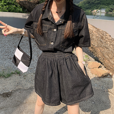 [세트]라트 데님 밴딩팬츠 반팔 투피스
