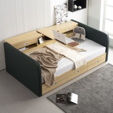 [에보니아] 레아.2 접이식테이블 멀티 수납형 침대 S 매트제외 (이단침대/데이베드), 카키