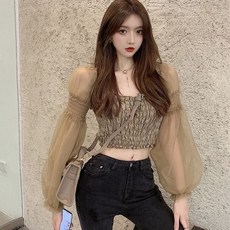 퐁순싸롱 오프숄더 스퀘어넥 퍼프 쉬폰 숏 크롭 블라우스 SY