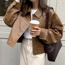 choyur 봄 가을 여성용 크롭 숏 가죽 자켓 캐주얼룩 루즈핏 빅사이즈 GJY