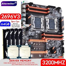 가성비 Atermiter 듀얼 X99 마더보드 LGA 2011-3 XEON E5 2696 V3 x 2 4 개 16GB = DDR4 3200MHz 서버 메모, 01 마더 보드 + CPU + RAM