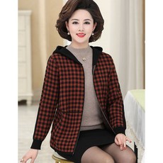 others 헝 위안 샹 엄마 춘추 코트 후드 카디건 니 트 40 대 50 중년 여성 서양풍 체크 빨간색 XL