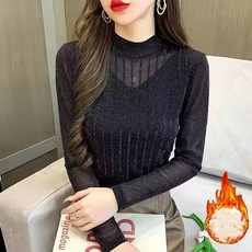 MOSAIRATION 여성 섹시한 슬림핏 티셔츠 큐빅 펀칭 망사 라운드넥 긴팔 티셔츠 V110612