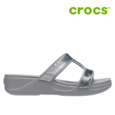 크록스 여성 샌들 46- 207144-007 Womens Crocs Monterey Metallic Slip-On Wedge Light Grey