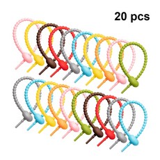 20Pcs 실리콘 케이블 타이 우편 번호 재사용 가능한 헤드셋 데이터 라인 와이어 타이 바인더 자동 잠금 고정 링 루프 무작위 컬러, 단일옵션선택개