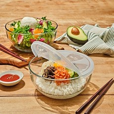 글라스락 내열강화 유리 접이식 뚜껑 냉면기 비빔국수 샐러드 비빔밥 그릇 1400mlX2P, 2개