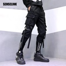2021 신사용 카고 바지 힙합 멀티 포켓 조깅 블랙 스트리트웨어 리본 패션 트레이닝 복 남성 하렘 캐주얼 바지