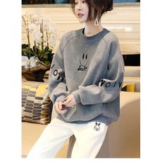 FANSYLI 베이직 라운드 맨투맨 패션 긴팔 자수 상의 루즈핏 순면 패치 티셔츠 여성 봄가을 통근 티셔츠 X8A12