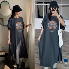 핏몬 여성 빅사이즈 찰랑 가오리 반팔 빈티지 프린팅 면 스판 롱 원피스