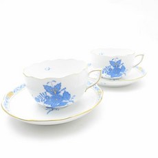 미품 Herend 헤렌드 아포니 블루 (AB) 724 티컵 &amp; 접시 손님 쌍 시노와즈리 푸른 꽃 김채 SU9511S2 【