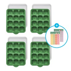 잼먹 이유식 보관용기 멀티큐브 12구, 4개, 그린+이유식라벨스티커