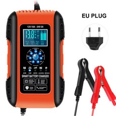 자동차배터리충전기 12V/24V 자동차 배터리 충전기 10A 터치 스크린 펄스 수리 LCD 오토바이 납 산성 Agm Gel LiFePo4 Wet, Red EU Plug, 1개