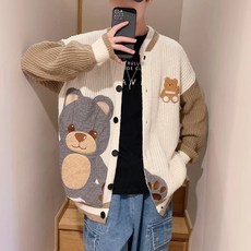 JWNEED 포가공 계 빈티지 곰돌이 가디건 스웨터 남성 디자인감각 보이핏 볼륨 오버핏 커플룩