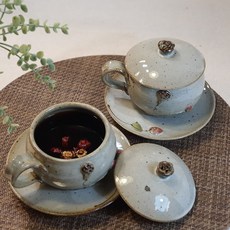 보산토기 빈티지한 쌍화차잔 대추차잔 도자기 전통 뚜껑찻잔 분청 연350ml, 1개, 350ml