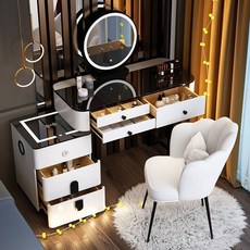 수납 확장형 화장대세트, 흰색+검정 스마트 수납장+원형 거울+의자(I), 100cm