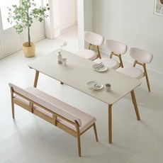 스코나 베르즈 애쉬 원목 포세린 세라믹 6인 식탁세트(벤치형), 색상:아이보리(상판)