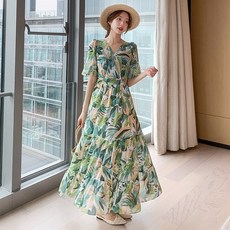 여성용 5부소매 프린트 V넥 하객 원피스 하이웨스트 a라인 쉬폰 롱 원피스