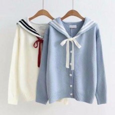ZHIMIAO 여성 빅카라 세일러 니트 리본 루즈핏 가디건 스웨터 2color