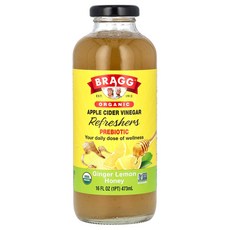 Bragg 유기농 사과 식초 리프레셔 프리바이오틱 생강 레몬 꿀 473ml(16fl oz), 1개, 473ml