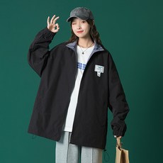 HENCHIRY 유 스 패션 커 플 캐 주 얼 루즈 긴팔 가을 재킷 중성 칼라 프린트 재킷 / 그레이 / 블 루 Autumn Jacket Unisex Printed Jacket