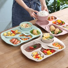 곡물도자기식판 곡물 가정용 도자기 세라믹 플레이트 식판, 파티션 접시+수저+그릇【연핑크】, 1개