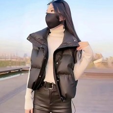 ROYALBELLE 여성 허리스트링 숏패딩 조끼 베이직 루즈핏 하이넥 집업 패딩 베스트 K072606