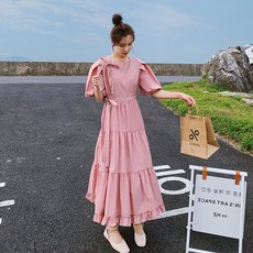 부산금정상점 프렌치시크 여성 여름 스퀘어넥 퍼프 반팔 허리보정 보여 슬림 롱 A라인 케익