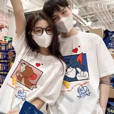 1+1 남성 여성 반팔 티셔츠 캐릭터 반팔티 빅사이즈 커플티 남녀공용 라운드티 여름 L~5XL, TM블랙+JR블랙, L