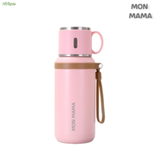 JIBAIHUO 몽마마 컵달린 보온병 스테인리스 316 고급 소재 600ml 텀블러 그린 1개, 핑크