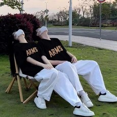 커플 반팔 티셔츠 여름 캐주얼 라운드넥 상의 루즈핏 빈티지 커플룩 티셔츠 투피스 세트