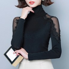까만고양이 BK4234 섹시 어깨시스루 여성 블랙 슬림핏 목폴라티