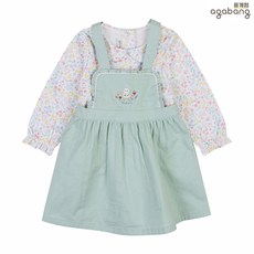 아가방 중계점 오드 데이 원피스 세트 (MINT) *25년 SPRING신상* 은은한 플라워 패턴 카라 디자인 상의와 디테일 자수 포인츠 멜빵 원피스 구성의 세트
