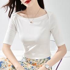 아이엠(I.M) 속티 디자인 감각 미들 소매 여성 고급 스키니핏 검정반팔 이너티셔츠 쇄골 어깨 저고리 일자 여름, 2XL 화이트