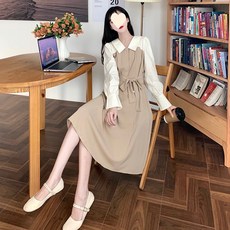 ANYOU 원피스 스커트 여성 여름 카키색 원피스 프랑스식 감령 배 가리기 빈티지 네모난 칼라 무릎 걷고 허리 긴 스커트 한국 배송