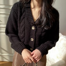 아모르데이 여성용 테플꽈배기가디건 미니 크롭 브이넥 니트 가디건